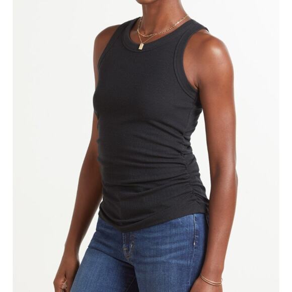 Evereve XSmall Olive Green Linen Rib Ruched Tank Top Crew Neck Side Seam Ruching - Picture 11 of 12